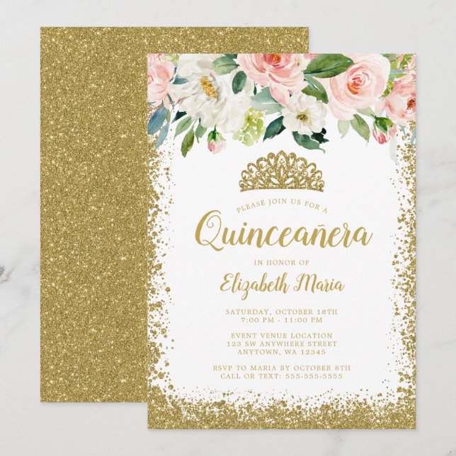 Invitación Faux floral rosa Purpurina Tiara Quinceanera (Anverso / Reverso)