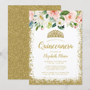 Invitación Faux floral rosa Purpurina Tiara Quinceanera