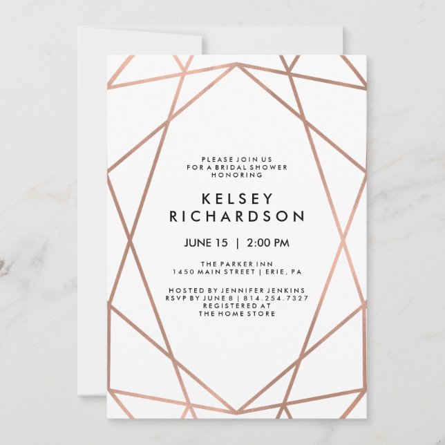 Invitación Faux geométricos Rosa de oro en ducha blanca (Anverso)