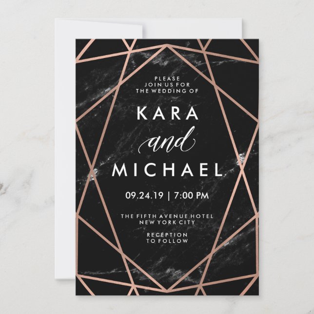 Invitación Faux geométricos Rosa de oro sobre Boda de mármol  (Anverso)
