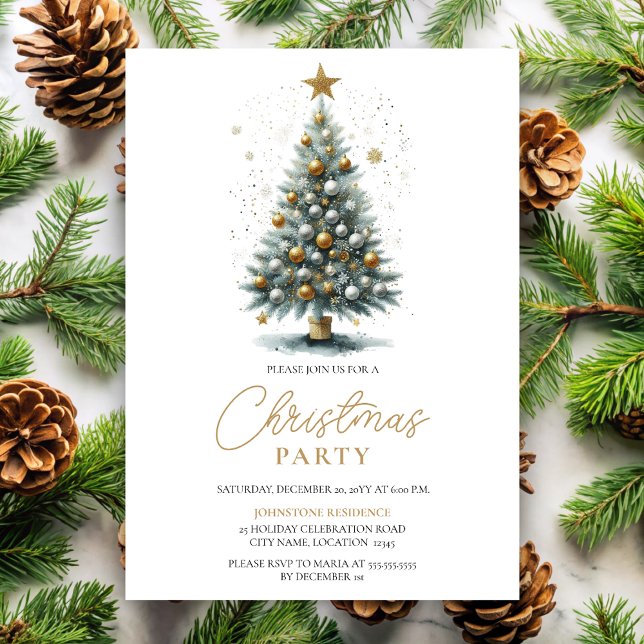 Invitación Faux Glittering Watercolor Árbol de Navidad (Elegant and simple faux glitter Christmas tree party invitation front view.)