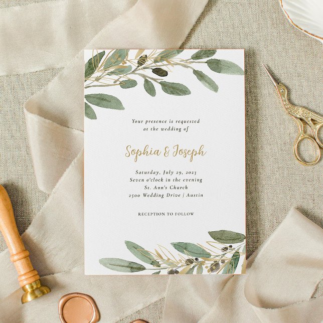 Invitación Faux Gold and Olive Leaves | BODA (Subido por el creador)