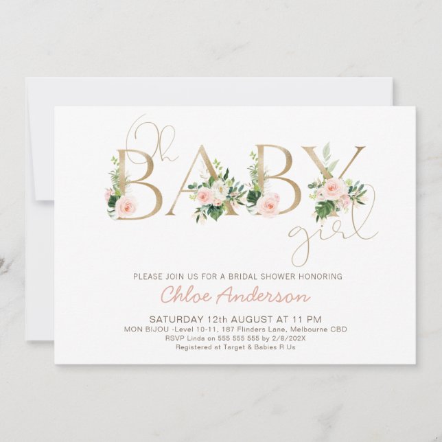 Invitación Faux Gold Baby Floral Oh Chica Baby Shower (Anverso)