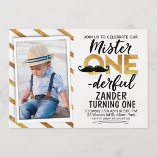 Invitación Faux Gold Black Mr Onemaravilloso cumpleaños invit