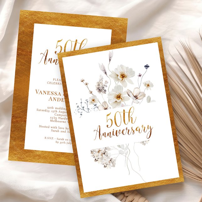 Invitación Faux Gold Calligraphy Floral 50º aniversario (Golden 50th Anniversary Invitation Faux Gold Calligraphy, Floral 50th Anniversary Invitation,  )