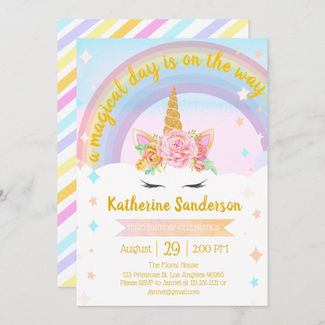 Invitación Faux Gold Chicas Magníficos Unicornio cumpleaños R (Anverso / Reverso)