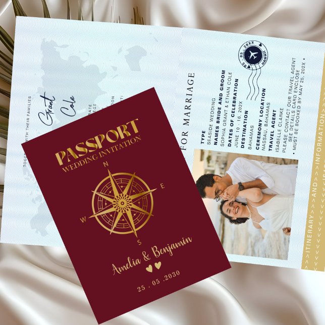 Invitación Faux Gold Compass Travel passport destination (Subido por el creador)