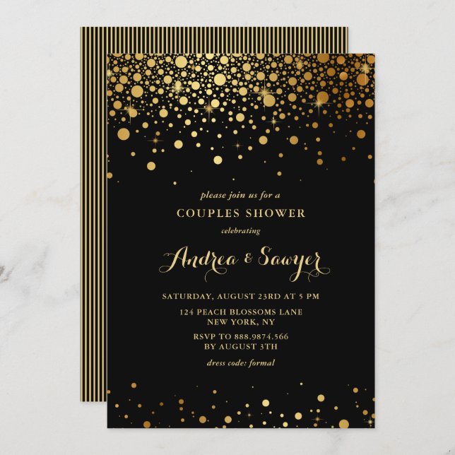 Invitación Faux Gold Confetti Dots Black Couples Shower (Anverso / Reverso)