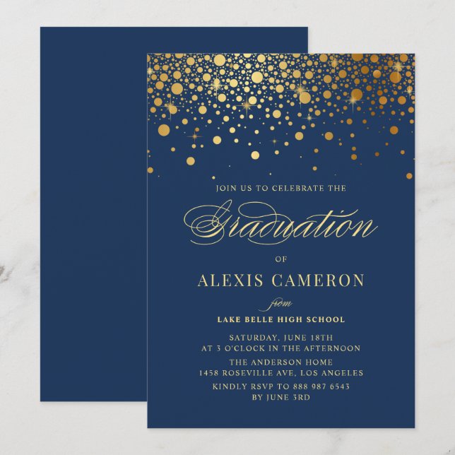 Invitación Faux Gold Confetti Dots Navy Blue Graduation (Anverso / Reverso)