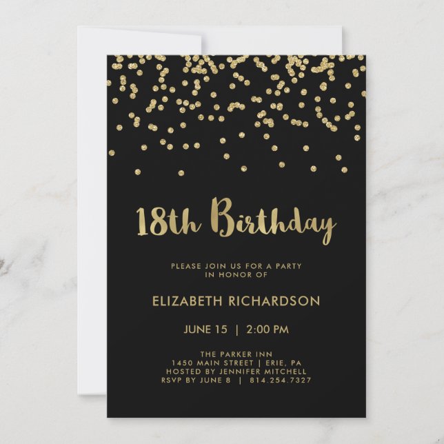Invitación Faux Gold Confetti en negro | 18.ª fiesta de cumpl (Anverso)