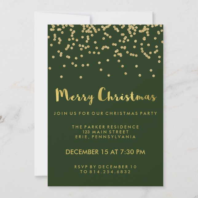 Invitación Faux Gold Confetti Green Feliz Navidad Fiesta (Anverso)