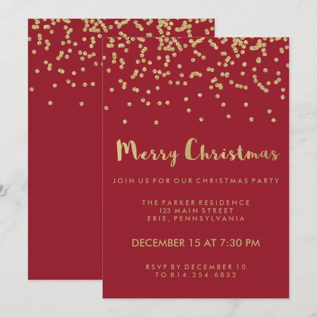 Invitación Faux Gold Confetti Red Merry Christmas Fiesta (Anverso / Reverso)