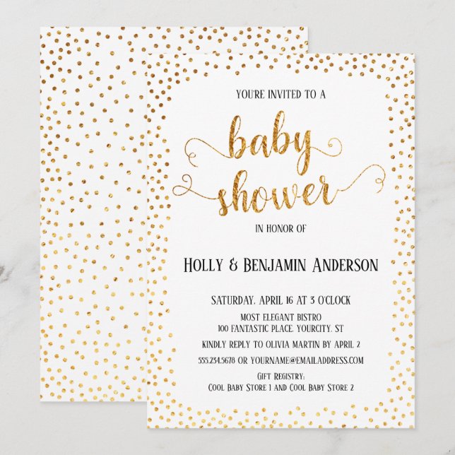 Invitación Faux Gold Confetti Typografía Baby Shower (Anverso / Reverso)