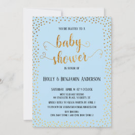Invitación Faux Gold Confetti Typografía Baby Shower azul