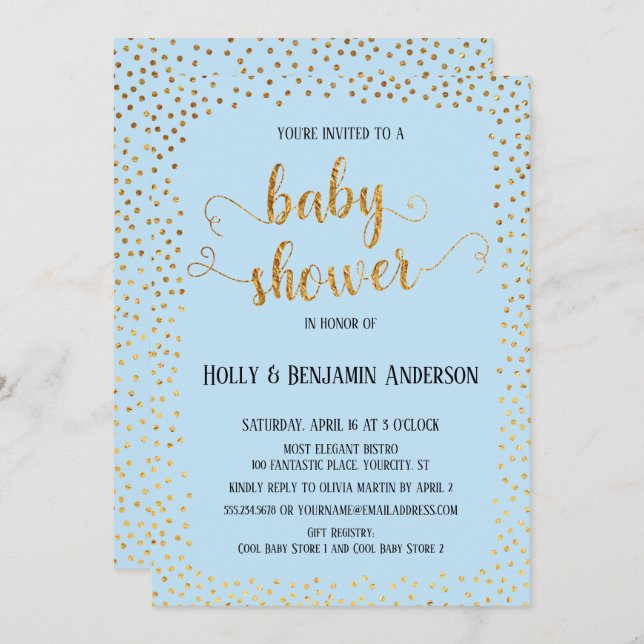 Invitación Faux Gold Confetti Typografía Baby Shower azul (Anverso / Reverso)