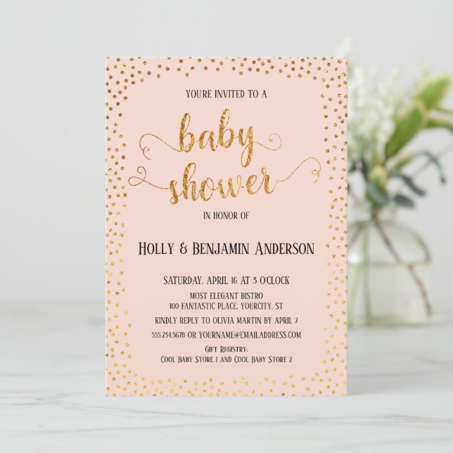Invitación Faux Gold Confetti Typography Rubor Baby Shower (Anverso de pie)