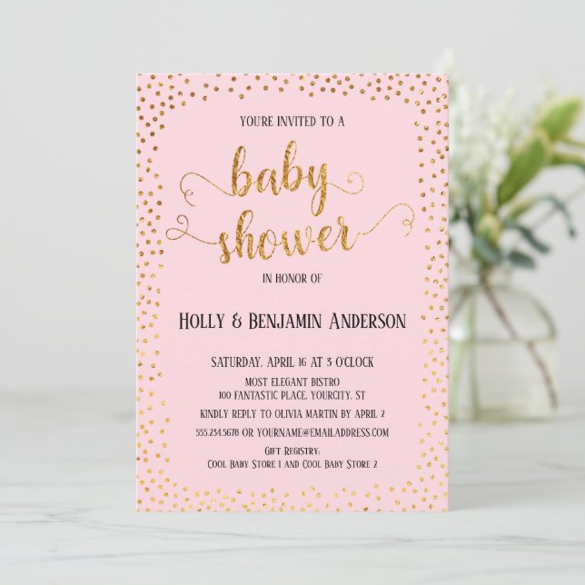 Invitación Faux Gold Confetti Typoti Baby Shower rosa (Anverso de pie)