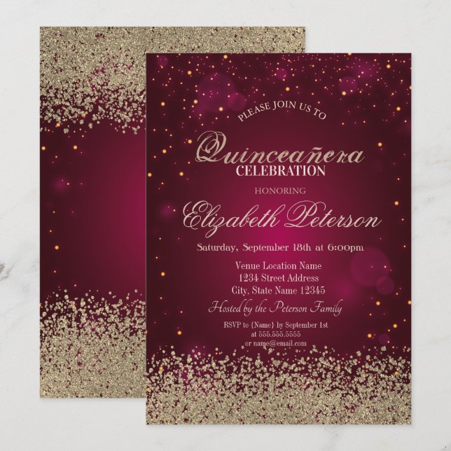 Invitación Faux Gold Diamonds Confetti Red Quinceañera (Anverso / Reverso)