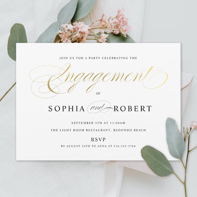 Invitación Faux Gold Elegant Calligraphy Engagement Party (Subido por el creador)
