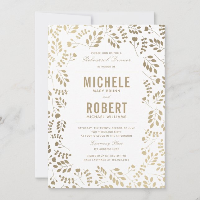 Invitación Faux Gold Elegant Floral Rehearsal Invite a cenar (Anverso)