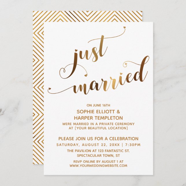 Invitación Faux Gold en White Just Casried Post-Boda Event (Anverso / Reverso)