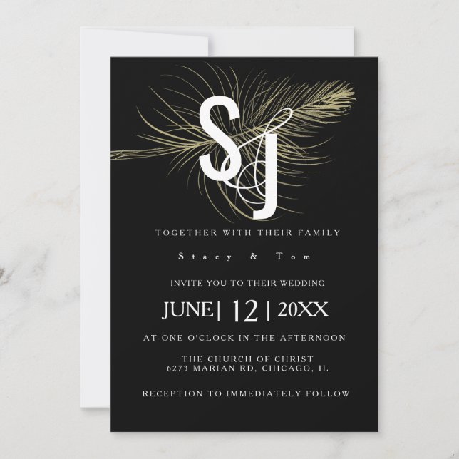 Invitación Faux Gold Feather Botanical Black Boda Suite (Anverso)