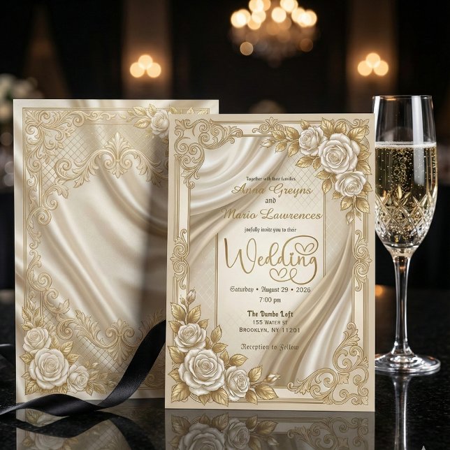 Invitación Faux Gold Filigree Satin Drapery Formal Wedding  (Subido por el creador)