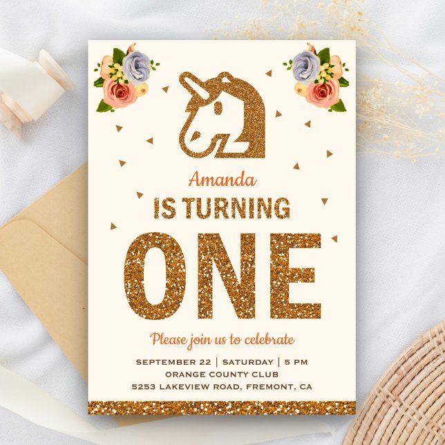 Invitación Faux Gold Floral Unicornio Primer Fiesta de cumple (Subido por el creador)