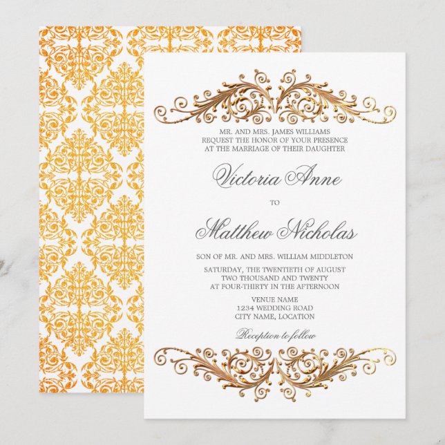 Invitación Faux Gold Flourish Damask (Anverso / Reverso)