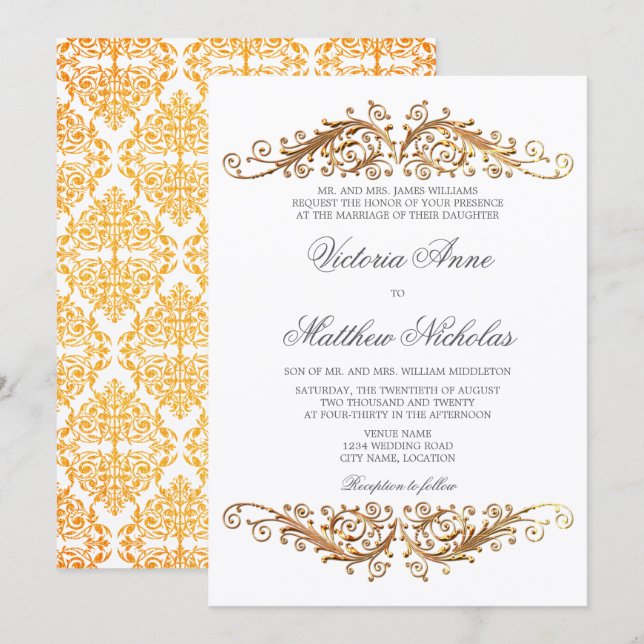 Invitación Faux Gold Flourish Damask (Anverso / Reverso)