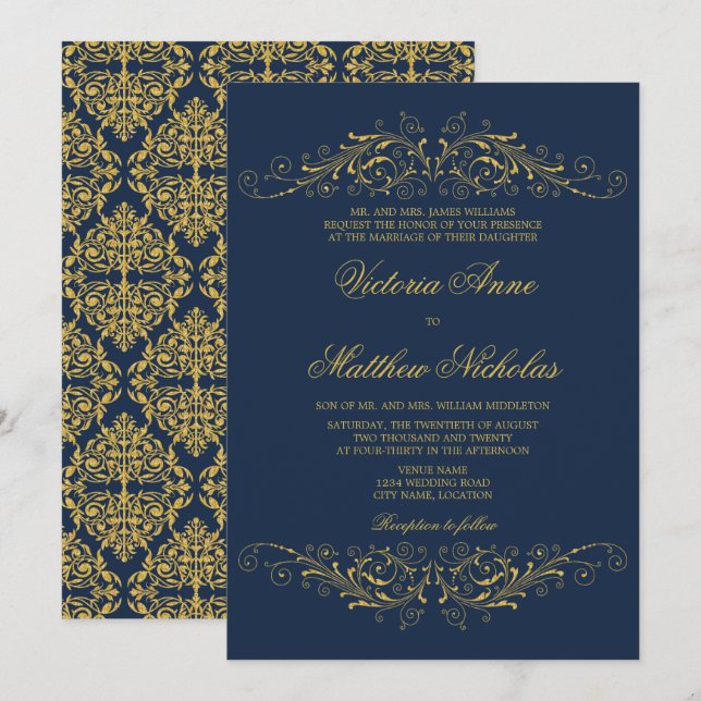 Invitación Faux Gold Flourish Damask Navy Blue (Anverso / Reverso)