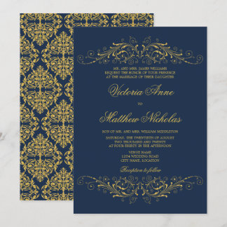 Invitación Faux Gold Flourish Damask Navy Blue