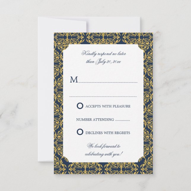 Invitación Faux Gold Flourish Damask Navy Blue RSVP (Reverso)