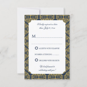 Invitación Faux Gold Flourish Damask Navy Blue RSVP