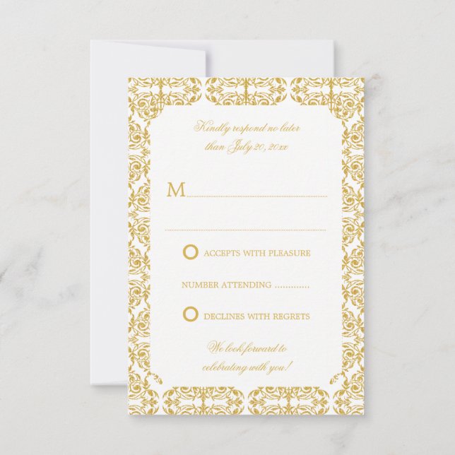 Invitación Faux Gold Flourish Damask RSVP (Reverso)