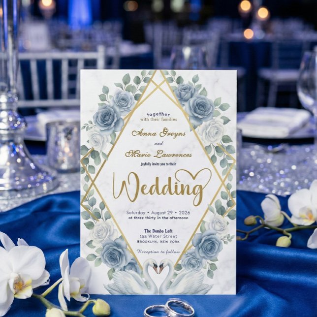 Invitación Faux Gold Foil Geometric Marble Blue Floral (Subido por el creador)