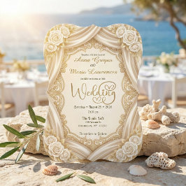 Invitación Faux Gold Foil Ornate Frame Printed Satin Wedding 