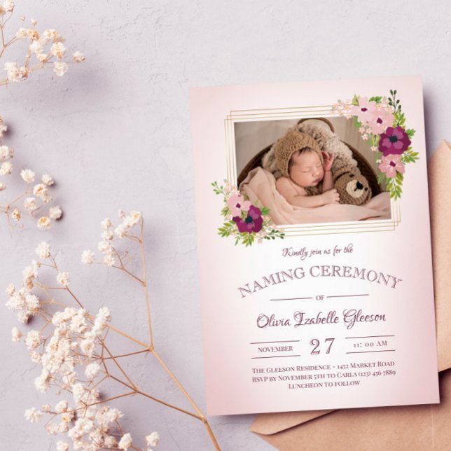 Invitación Faux Gold Frames Rubor Floral Naming Ceremonia (Subido por el creador)