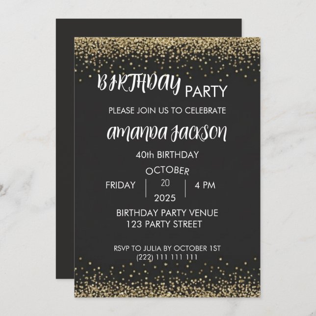 Invitación Faux Gold Glitter Black 40th Birthday (Anverso / Reverso)