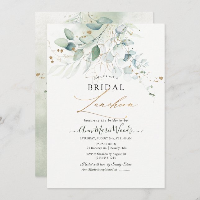 Invitación Faux Gold Green Watercolor Eucalyptus Luncheon (Anverso / Reverso)