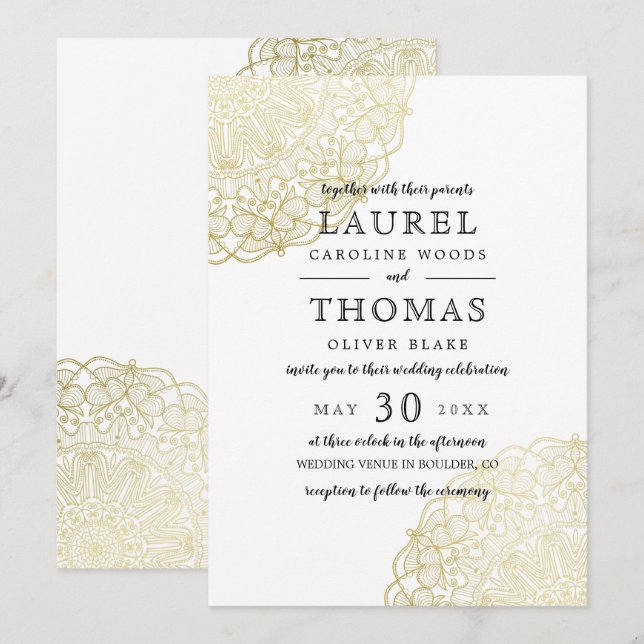 Invitación Faux Gold Lace Elegant Wedding (Anverso / Reverso)