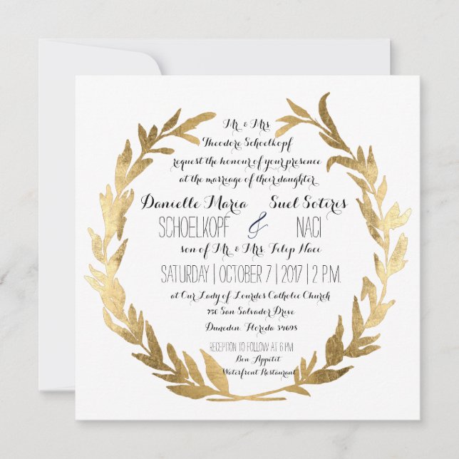 Invitación Faux Gold Laurel Wreath Olive Leaf Branch Square (Anverso)