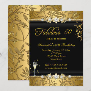 Invitación Faux Gold Leaf 50 Fabulous Birthday party Black