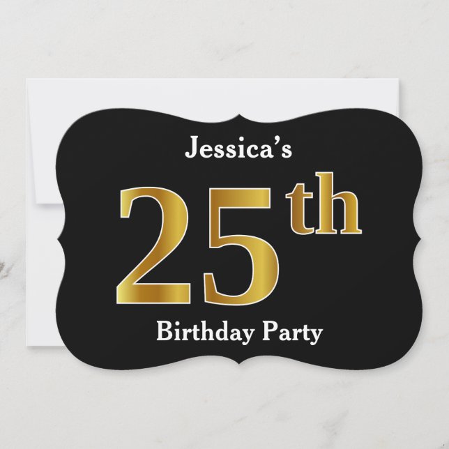 Invitación Faux Gold Look 25th Birthday Party + Custom Name (Anverso)