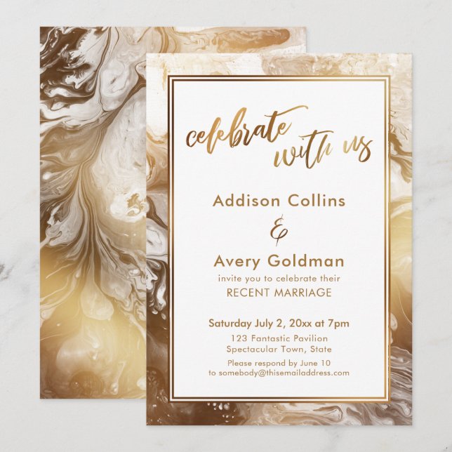 Invitación Faux Gold Metallic White Marble Celebran con nosot (Anverso / Reverso)