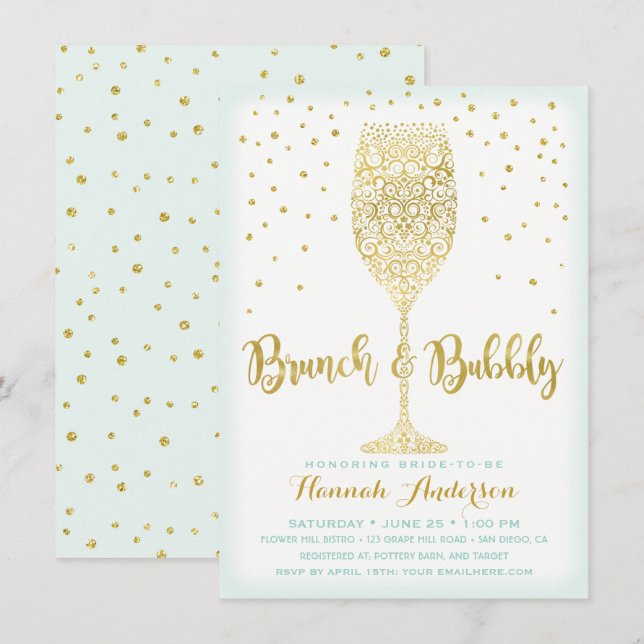 Invitación Faux Gold & Mint Brunch & Bubbly Bridal Shower (Anverso / Reverso)