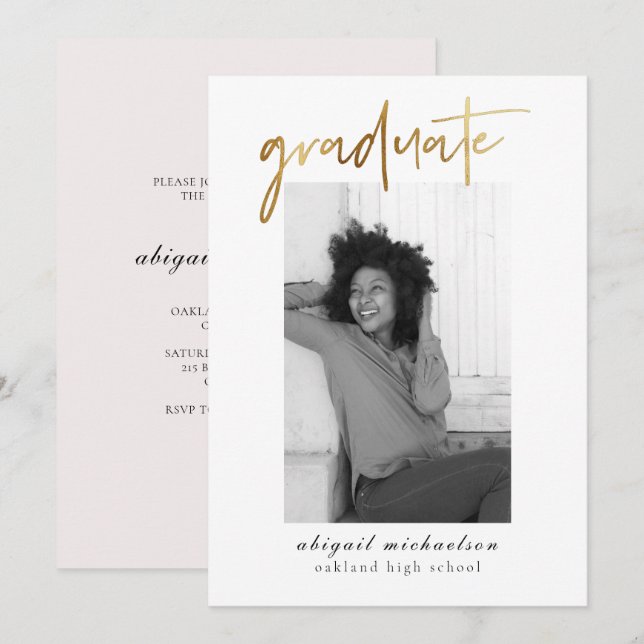 Invitación Faux Gold moderno y fiesta de graduación de fotos  (Anverso / Reverso)