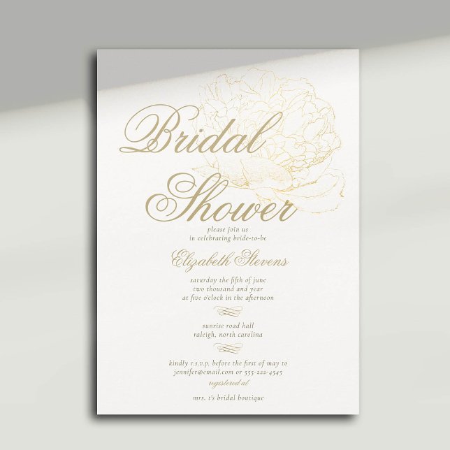 Invitación Faux Gold Peony Calligraphy Elegante ducha de novi (peony bridal shower invitation formal traditional calligraphy modern classic gold)
