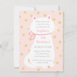 Invitación Faux Gold Polka Dots White Cat Birday Party