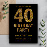 Invitación Faux Gold Purpurina 40th Birthday Party Invitation<br><div class="desc">Sorprende a tus invitados con esta glamorosa invitación a la fiesta de cumpleaños número 40 que incluye un atrevido texto de purpurina dorado sobre un fondo negro. Simplemente agregue los detalles de su evento en esta plantilla fácil de usar para convertirla en una invitación única. Voltea la tarjeta para revelar...</div>